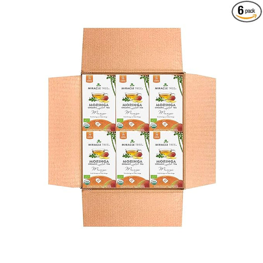 Miracle Tree - 6 Count of Organic Moringa Superfood Tea, 25 Individually Sealed Tea Bags, Mango (Keto, Detox, Energy/Immunity Booster, Vegan, Gluten-Free, Organic, Non-GMO, Caffeine-Free)
