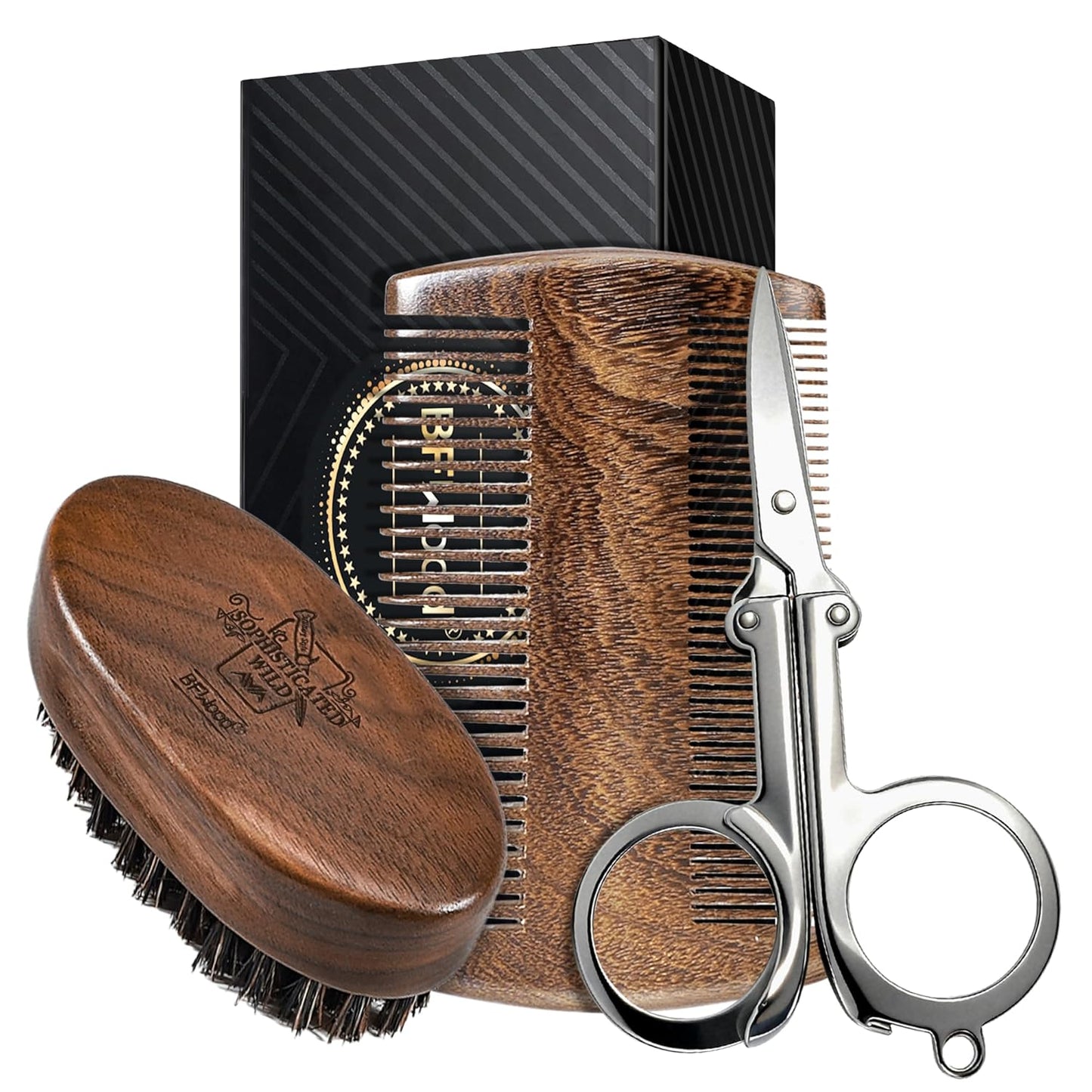 BFWood Mens Beard Brush Comb Kit: Small Travel Beard Set - Natural Boar Bristles With Black Walnut Wood, Grooming Sandalwood Mustache Comb, Mustache Trimming Sissors With Storage Bag