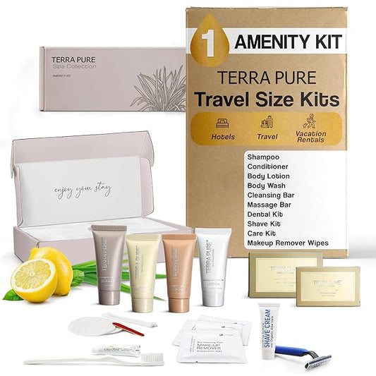 Terra Pure Spa Collection Amenity & Accessory Kit |1 oz Travel Size Shampoo, Conditioner, Lotion, Body Wash, 2 Soap Bars, Shave & Dental Sets, Make-Up Remover Wipes, & Vanity Kit | 1 set per case