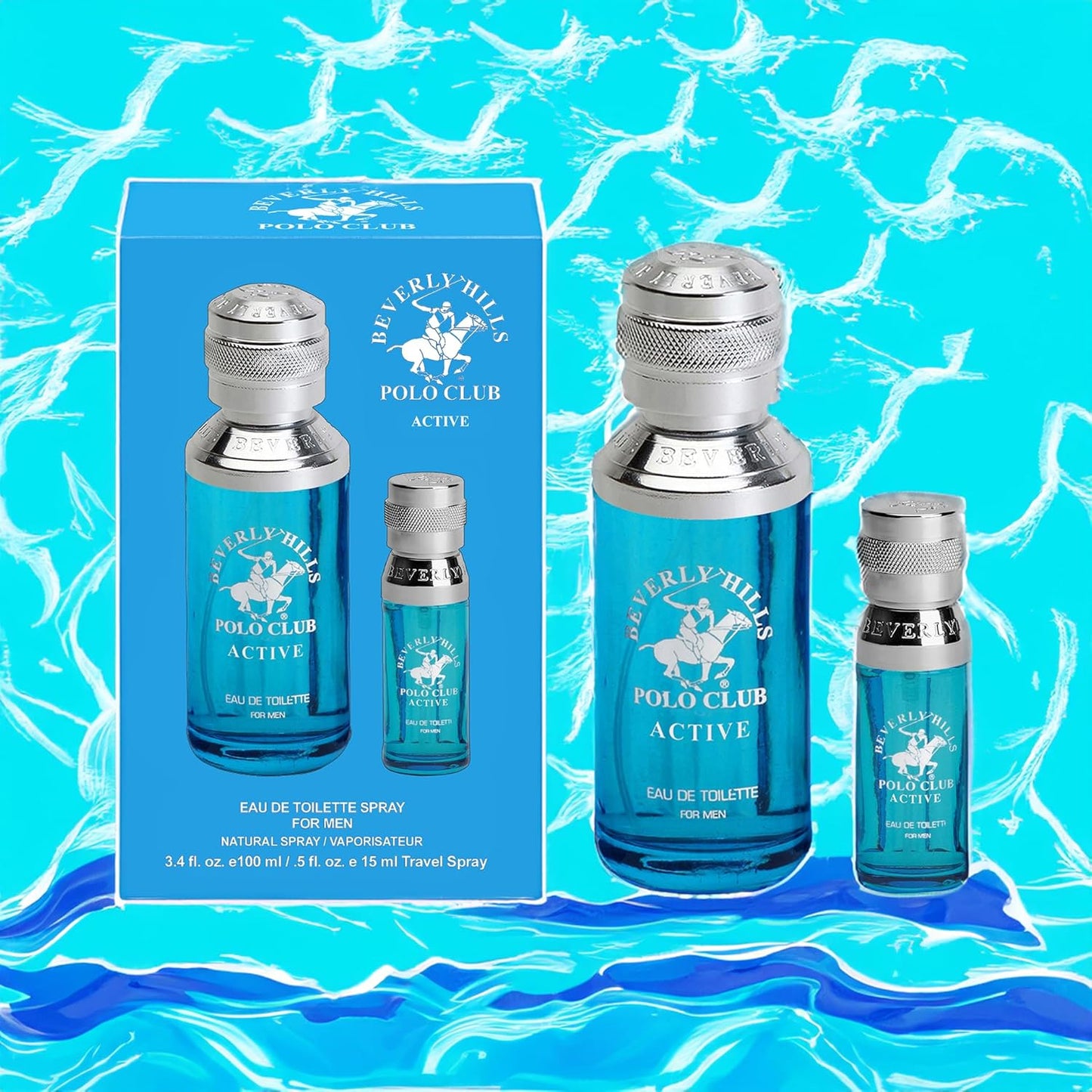 Beverly Hills Polo Club Active Cologne for Men - Designer Eau de Toilette Bonus Pack - 3.4oz & 0.5oz Travel Size - Long-Lasting Fresh Fragrance