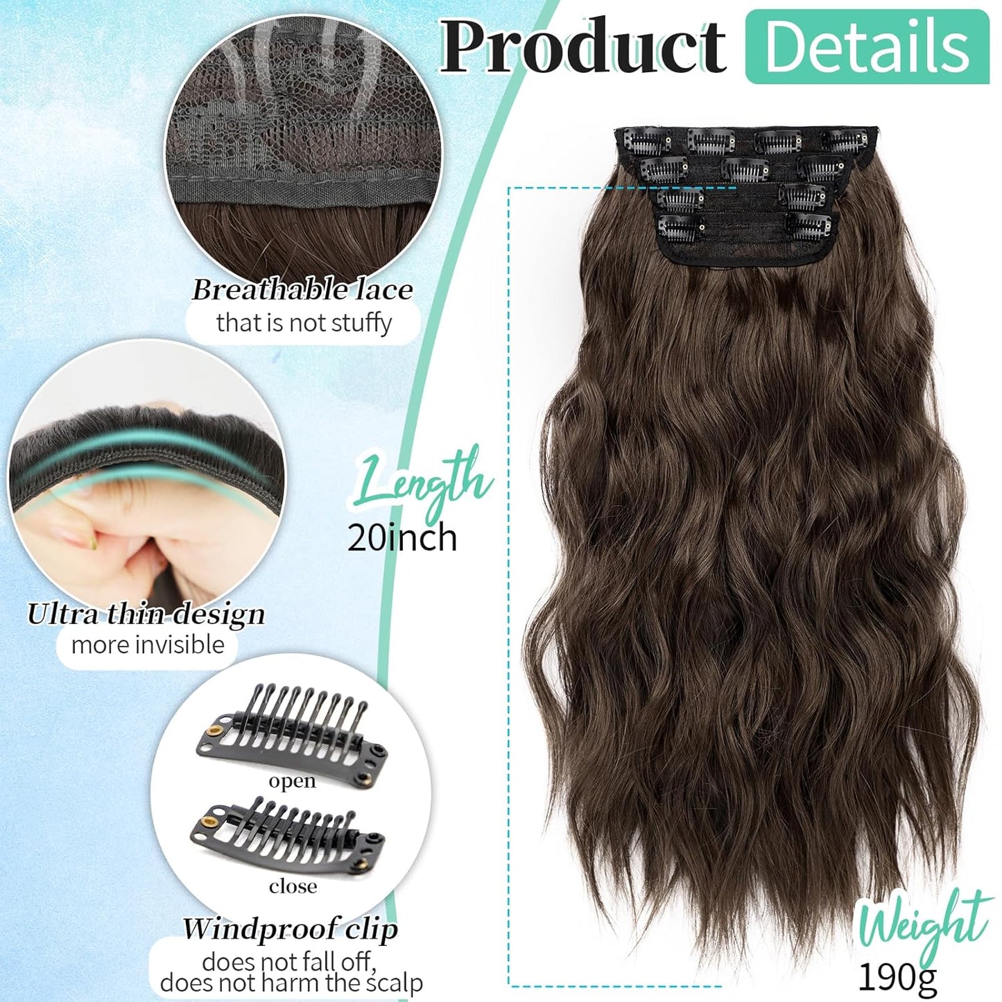 KooKaStyle Hair Extensions Long Wavy 4PCS Thick clip in hair extensions Hairpieces Chocolate Brown Fiber Double Weft Natural Synthetic Hair Extensions 20 Inch for Women