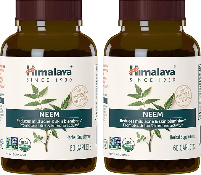 Himalaya Organic Neem Herbal Supplement, for Mild Acne & Clear Skin, Purifying, Ayurvedic, USDA Certified Organic, Non-GMO, Vegan, 600 mg, 60 Plant Based Caplets, 2 Pack