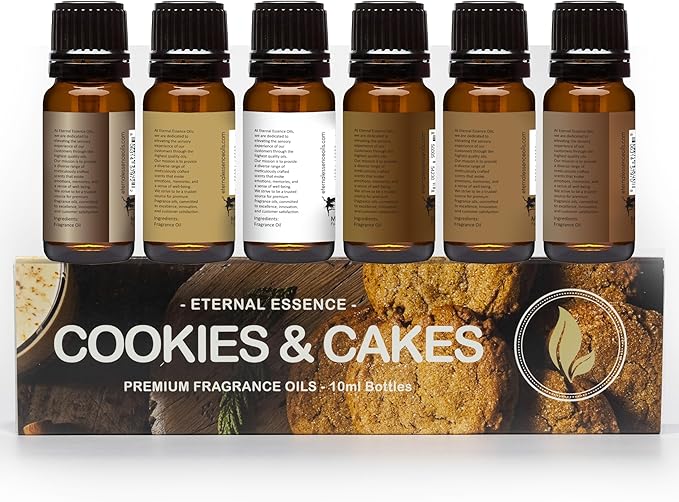 Eternal Essence Oils Cookies & Cakes Set of 6 Premium Fragrance Oils - Includes Caramel Nut Muffin, Oatmeal Cookie Dough, Malibu Rum Cupcakes, Maple Pecan, Snickerdoodle, and Cinnabon - 10ML