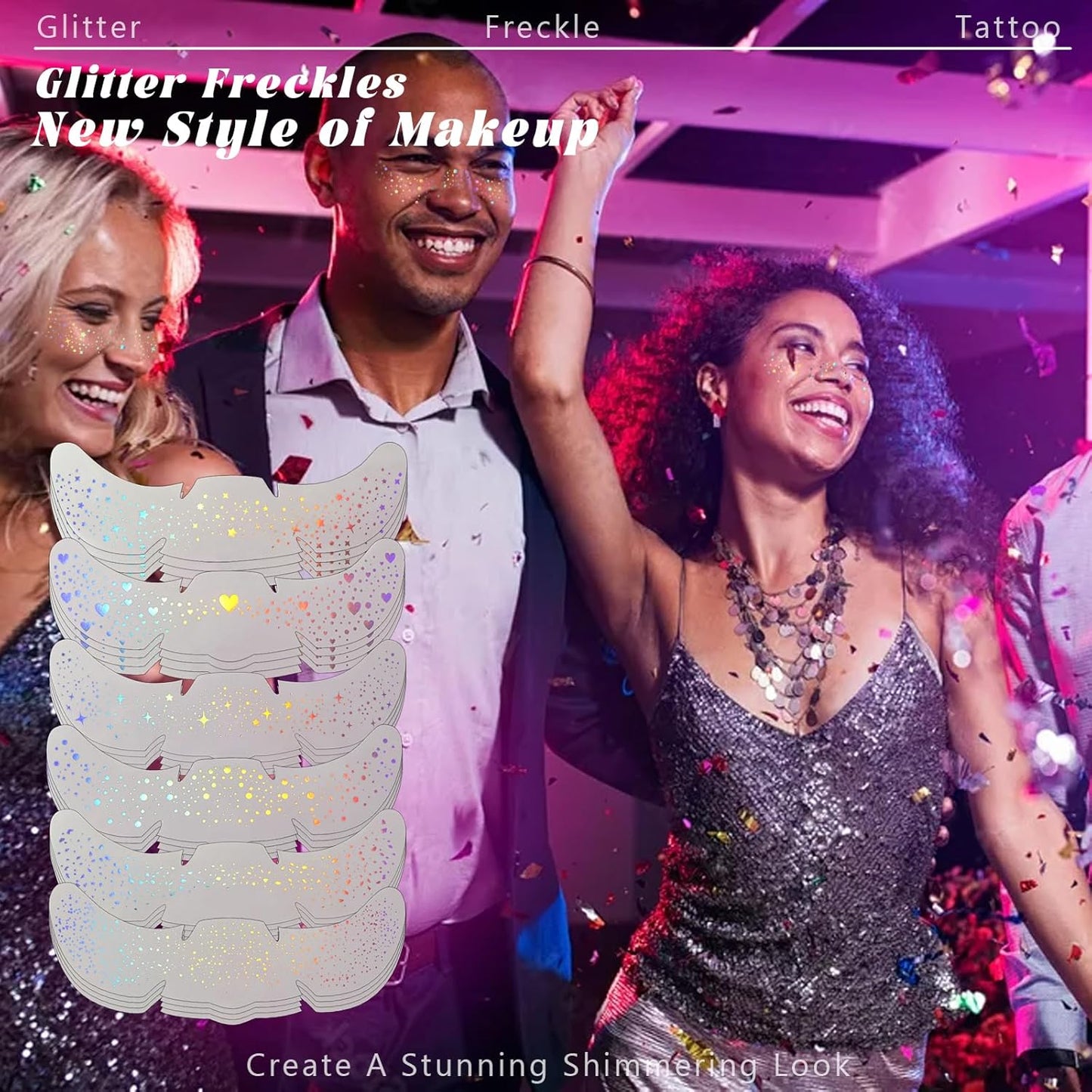 24 pcs Holographic Multichrome Glitter Freckles Face Tattoo, Waterproof Sparkle Face Glitter Speckles Patches for Women, Cute Star Glitter Temporary Tattoo Makeup Accessories for Festival Rave