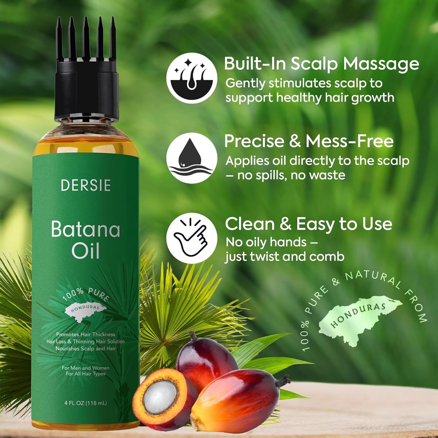 Dersie Batana Oil for Hair Growth: Hair Growth & Nourishment with Massager Applicator – 100% Pure Organic Batana Oil from Honduras, Inspired by Dr Sebi – For Thicker, Longer & Healthier Hair (4 FL OZ)