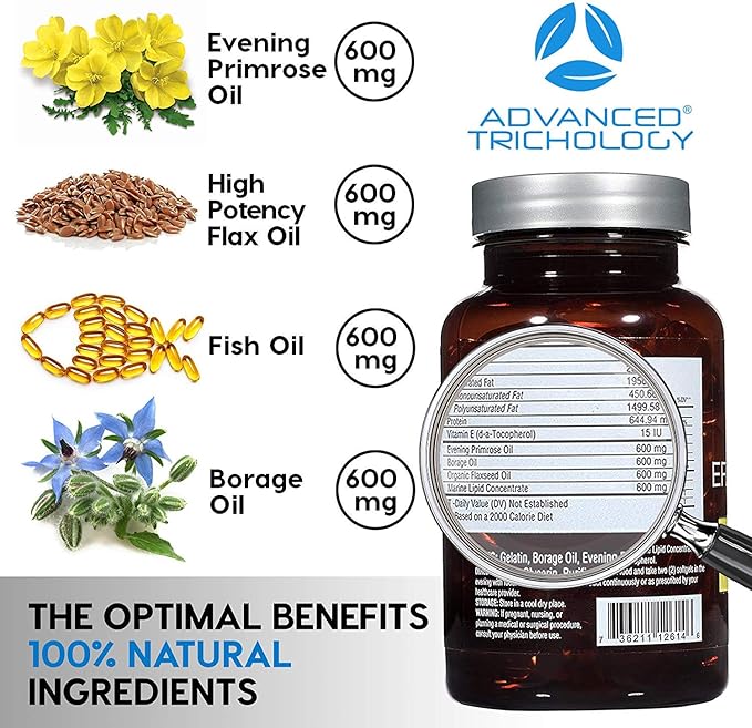 EFA COMPLETE with Optimal OMEGA 3 6 9 levels of High Potency Flax Oil, Fish Oil, Borage Oil, and Evening Primrose Oil 800mgs (90count) 3rd Party Tested - High in GLA and 369 Omegas