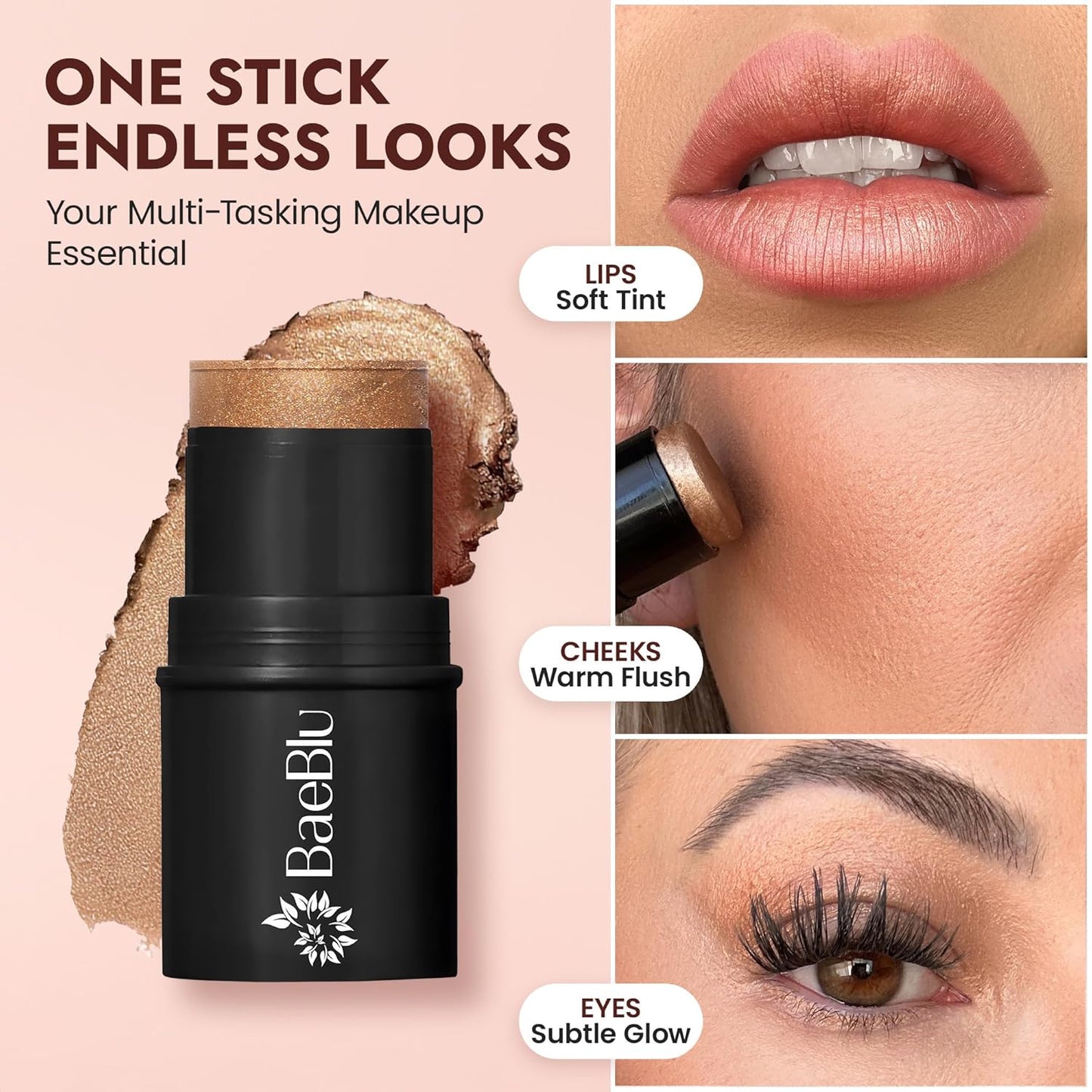 BaeBlu - Organic Blush Tube, Brandy - 100% Natural Vegan Cream Blush Sticks, Multi-Use Bronzer, & Highlighter for Lips, Cheeks & Eyes, Buildable Shimmer, Gluten-Free, Paraben-Free, Made in USA