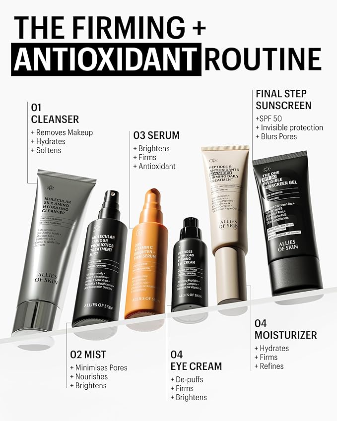 Allies of Skin Peptides & Antioxidants Advanced Firming Daily Treatment with 13 Brighteners, 9 Antioxidants, 7 Firming Peptides, 5% Teprenone & Ferulic Complex and 3% Biotech Algae Complex 48ml/1.6oz