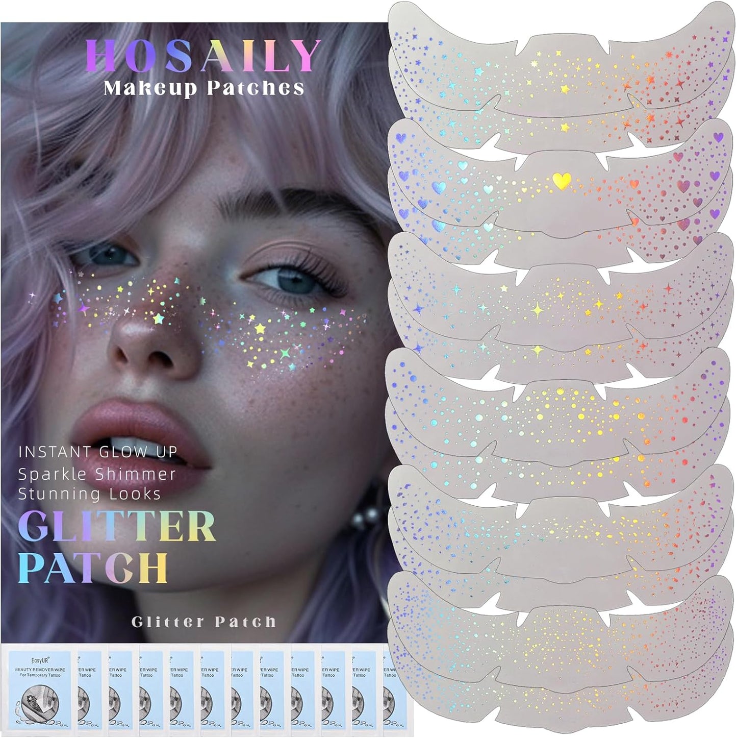 12 pcs Holographic Multichrome Glitter Freckles Face Tattoo, Waterproof Sparkle Face Glitter Speckles Patches for Women, Cute Star Glitter Temporary Tattoo Makeup Accessories for Festival Rave