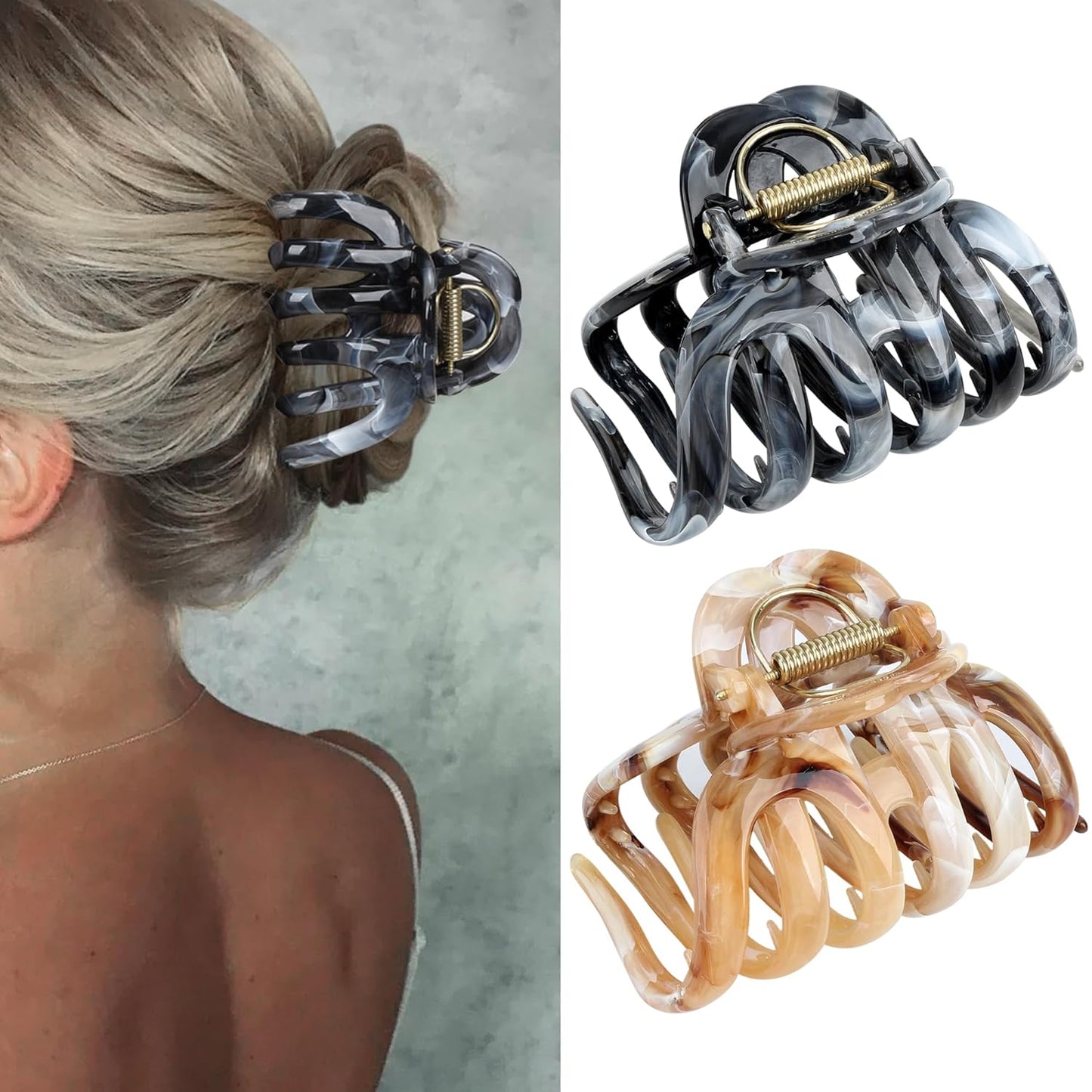 FAELBATY Octopus Multicolor French Claw Hair Clips, 2 Pcs, Ink Brown & Ink Grey, 3.5 x 2.4 Inches, Polycarbonate, Non-Slip Grip, Strong Hold for Long Thick Hair, Women & Girls