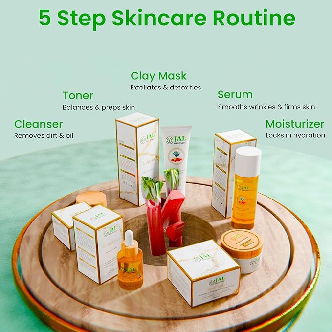 5 in 1 Blueberry & Rhubarb Korean Skin Care Set, Face Moisturizer, Glycolic Clay Face Mask, Serum, Cleanser & Toner for All Skin Types, Anti Aging Skin Care Sets & Kits, Facial Routine Kit for Women