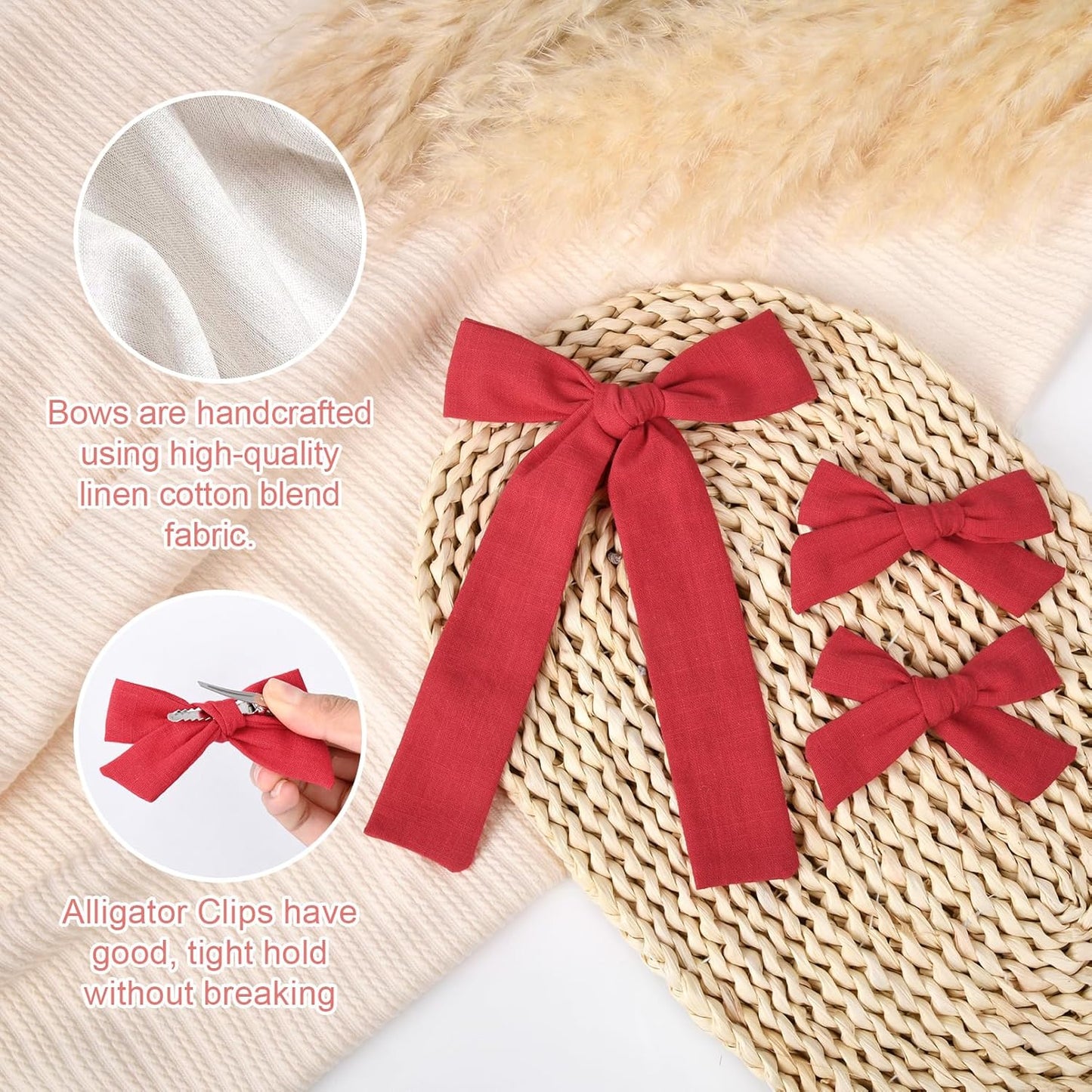 DEEKA Cotton Linen Hair Accessories Set: Red Hair Bows & Ponytail Knot Bows in 2 Sizes, Alligator Clips for Toddlers & Little School Girls