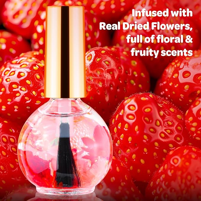 JIASHENG Cuticle Oil, Strawberry Scented Cuticle Nail Oil Infused with Real Flowers, Hydrates, Moisturizes, Strengthens, Repairs, Revitalizing Cuticle Oils for Nails Damage Dry Cuticle, 15ml