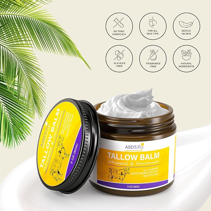 Handmade Whipped Tallow Balm for Skin Care- All Natural Grass Fed Beef Tallow All Purpose Balm,Face and Body Moisturizing Cream, Tallow Balm For Dry Skin- 2 oz