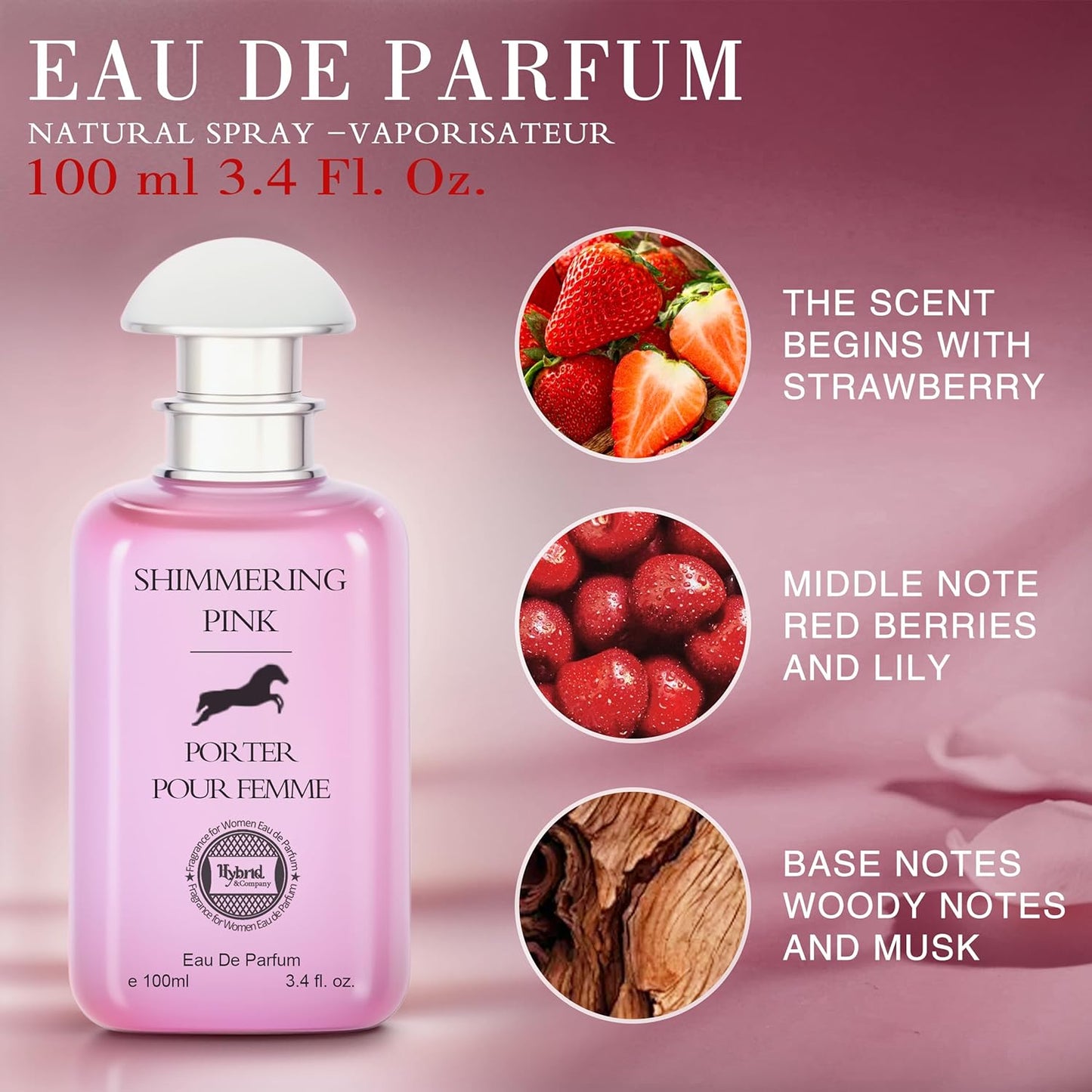 Hybrid & Company Women Shimerring Pink Porter Eau De Parfum Vaporisateur Natural Spray 3.4 Fl Oz