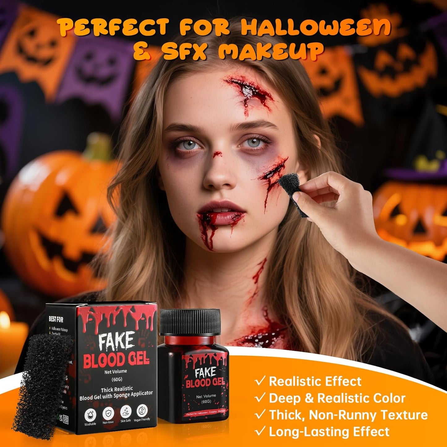 Halloween Scab Blood Gel, 60g Coagulated Blood Makeup with Sponge for Realistic Wounds, Cuts, SFX FX Makeup, Vampire Zombie Monster Cosplay, Scab Blood SFX for Face & Body