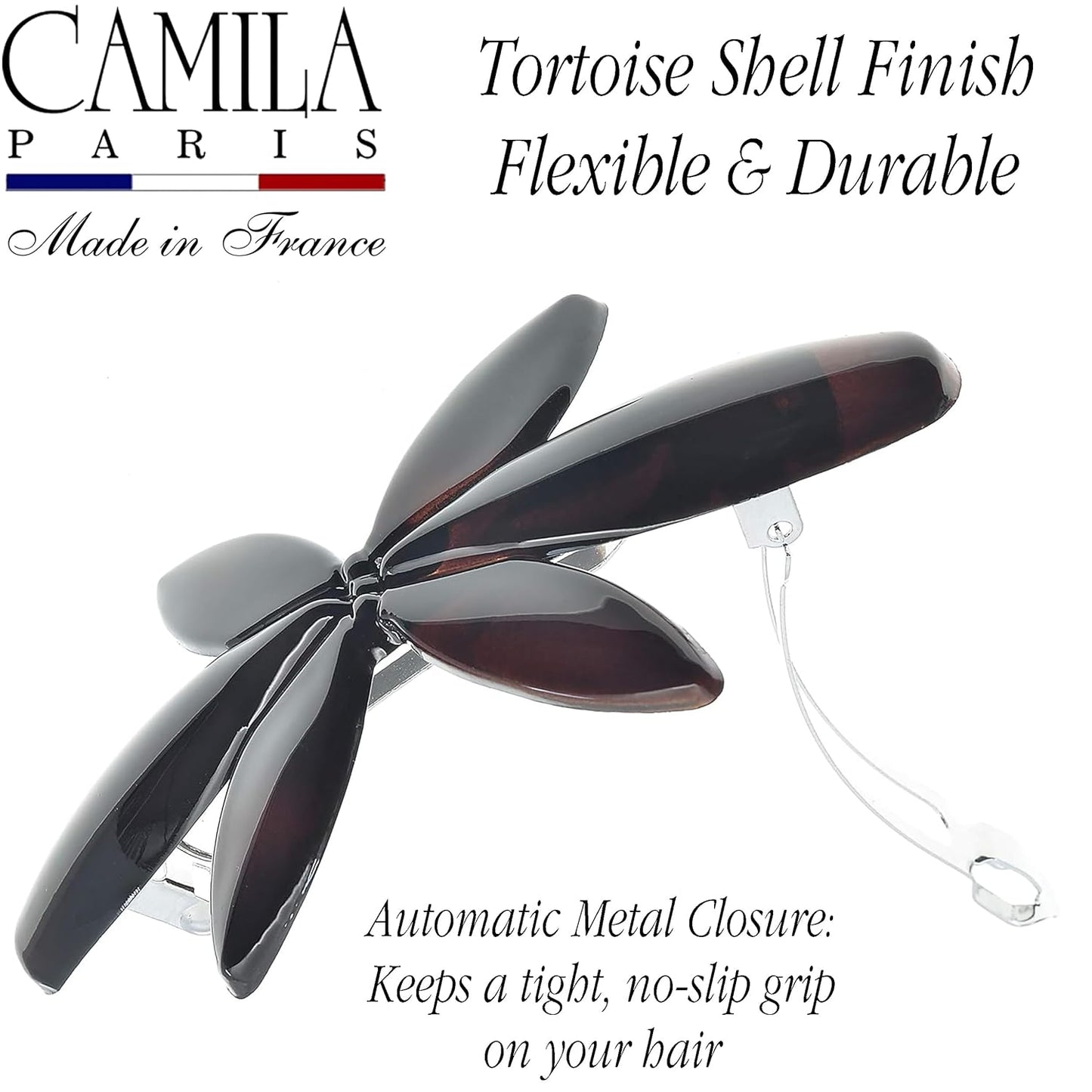 Camila Paris CP2426 French Hair Barrette Clip for Girls Flower, Tortoise Automatic Clasp Strong Hold Grip Hair Clips for Women, No Slip and Durable Styling Girls Hair Accessories, Made in France