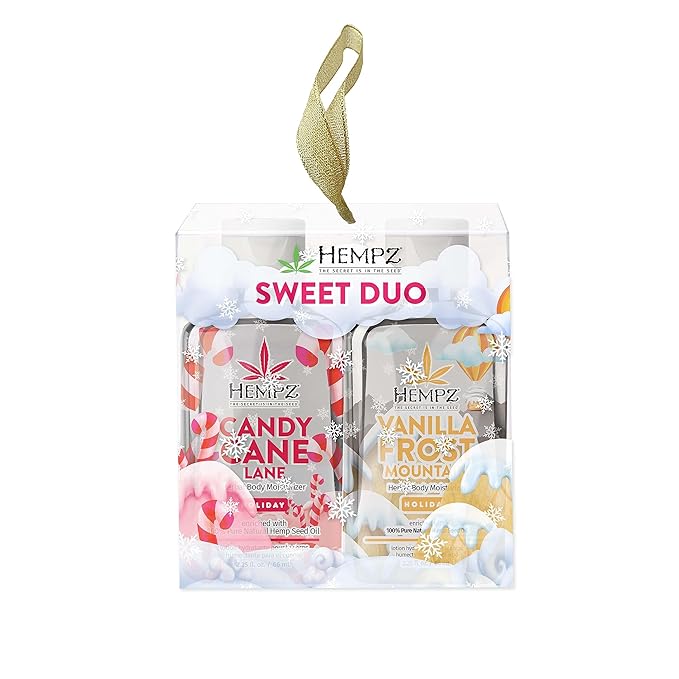 Hempz Sweet Duo Candy Cane Lane (2.25 Oz) & Vanilla Frost Mountain (2.25 Oz) Body Moisturizer Holiday Gift Set - Mini Holiday Scented Travel Cream Skin Care for Women & Men, Made with Shea Butter