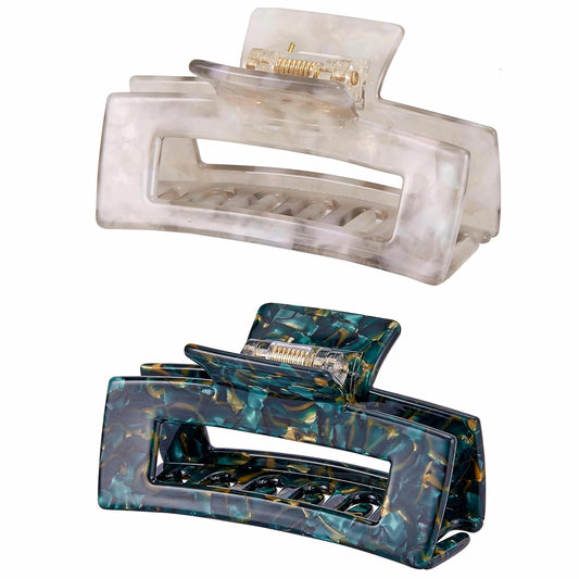 3 inch Hair Claw Clips Cutout Tortoise Shell Celluloid Jaw Clip French Design Rectangle Claw Clamp for Thin, Curly, Thick Hair Non Slip Banana Clips for Women Ladies Mother (2 Pack)