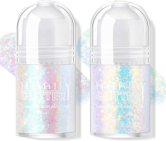 2 Colors Roll-on Body Glitter Gel, Holographic Glitter Gel Under Light for Face Hair, Body Shimmer for Rave Accessories Christmas New Year Halloween Makeup (11+12)