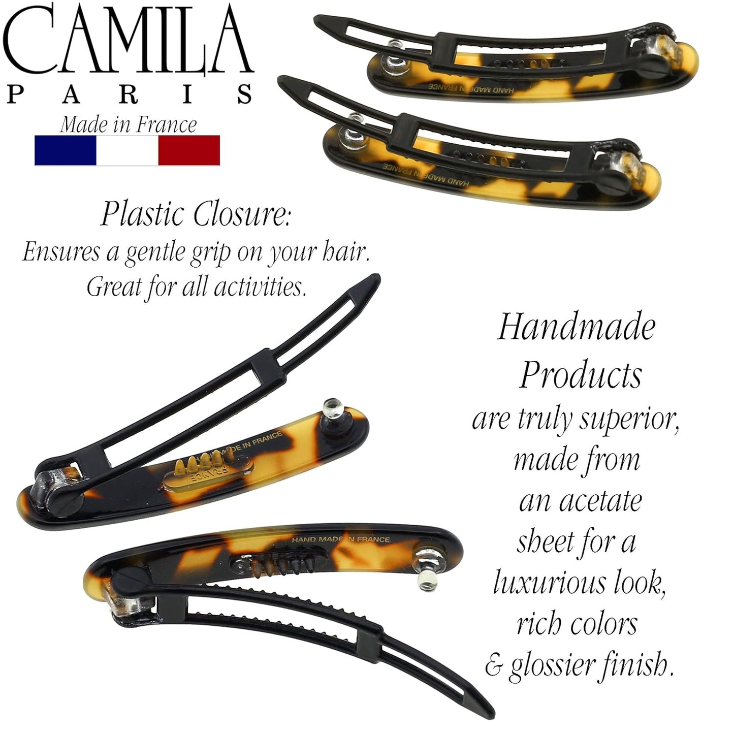Camila Paris CP2240/2 French Hair Barrettes Clips for Women, Handmade, Girls Side Slide-in Barrette Clip, Hair Accessories for Women. Strong Hold No Slip Grip Fashion Durable Styling, Made in France
