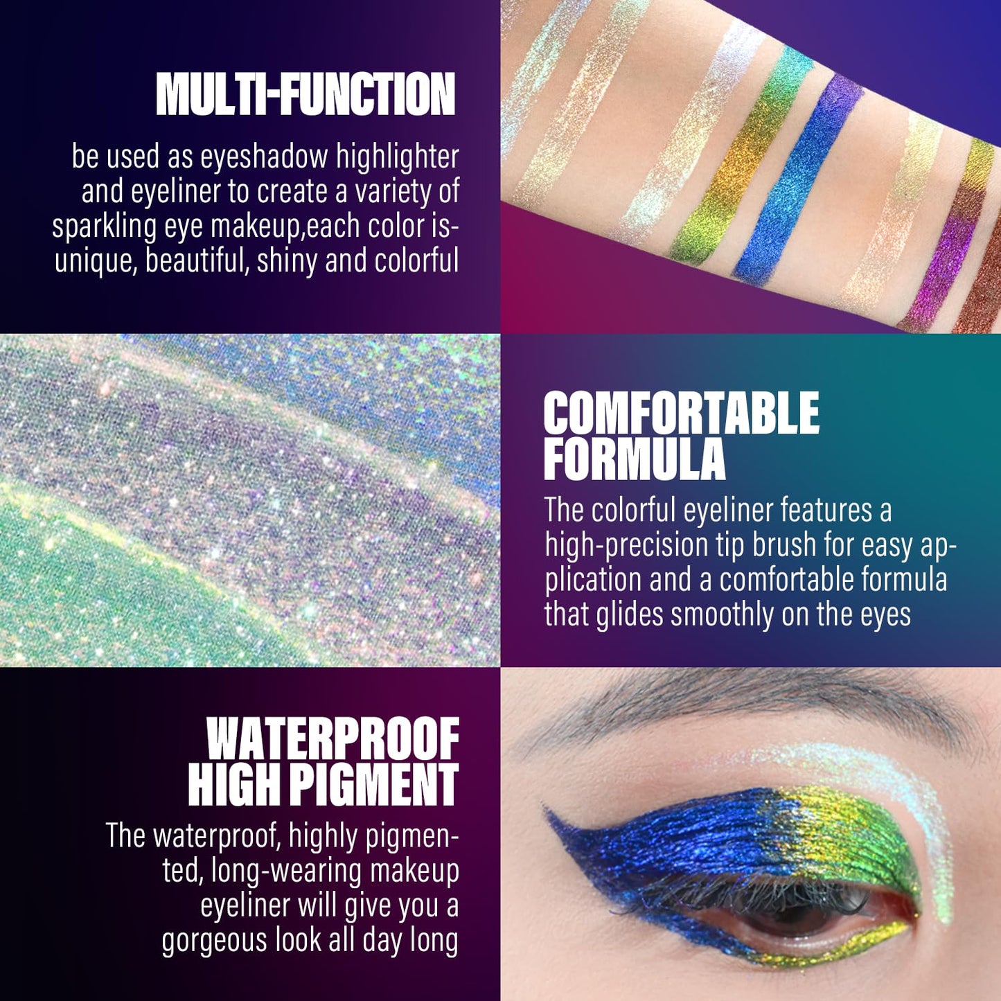 Multichrome Liquid Eyeshadow Set,3 Colors Multi-Dimensional Eye Liner Makeup,High Pigment Waterproof Metallic Eye Shadow,Ultre Fine Tip Glitter Eyeshadow (101+102+103)