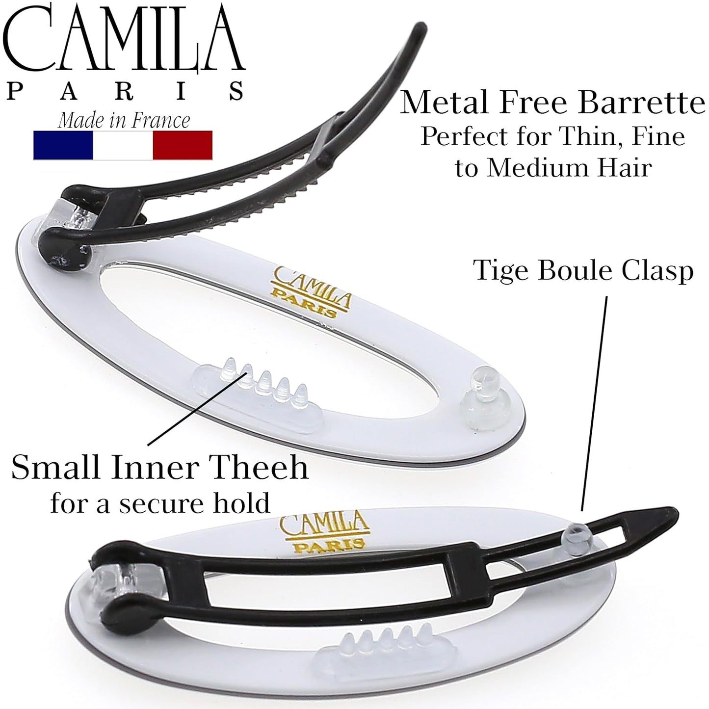 Camila Paris CP3368 French Hair Barrette Clip for Women, Handmade, Gray White, Side Slide-in Metal-Free Closure Strong Hold Grip Hair Clips for Girls, No Slip Durable Hair Accessories, Made in France