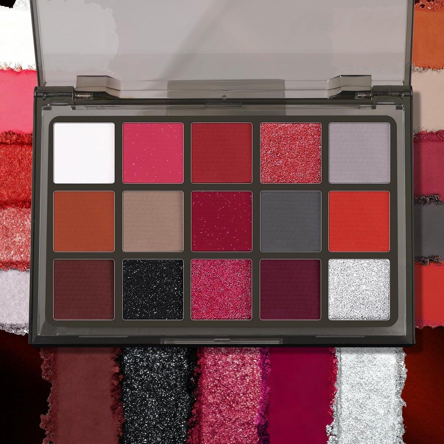 UCANBE Red Eyeshadow Makeup Palette, 15 Colors Burgunry Gray Silver Shimmer Matte Glitter Metallic Eye Shadow Pallet, Pigmented Make Up Kit for Halloween Parties Christmas Joker Vampire Clown