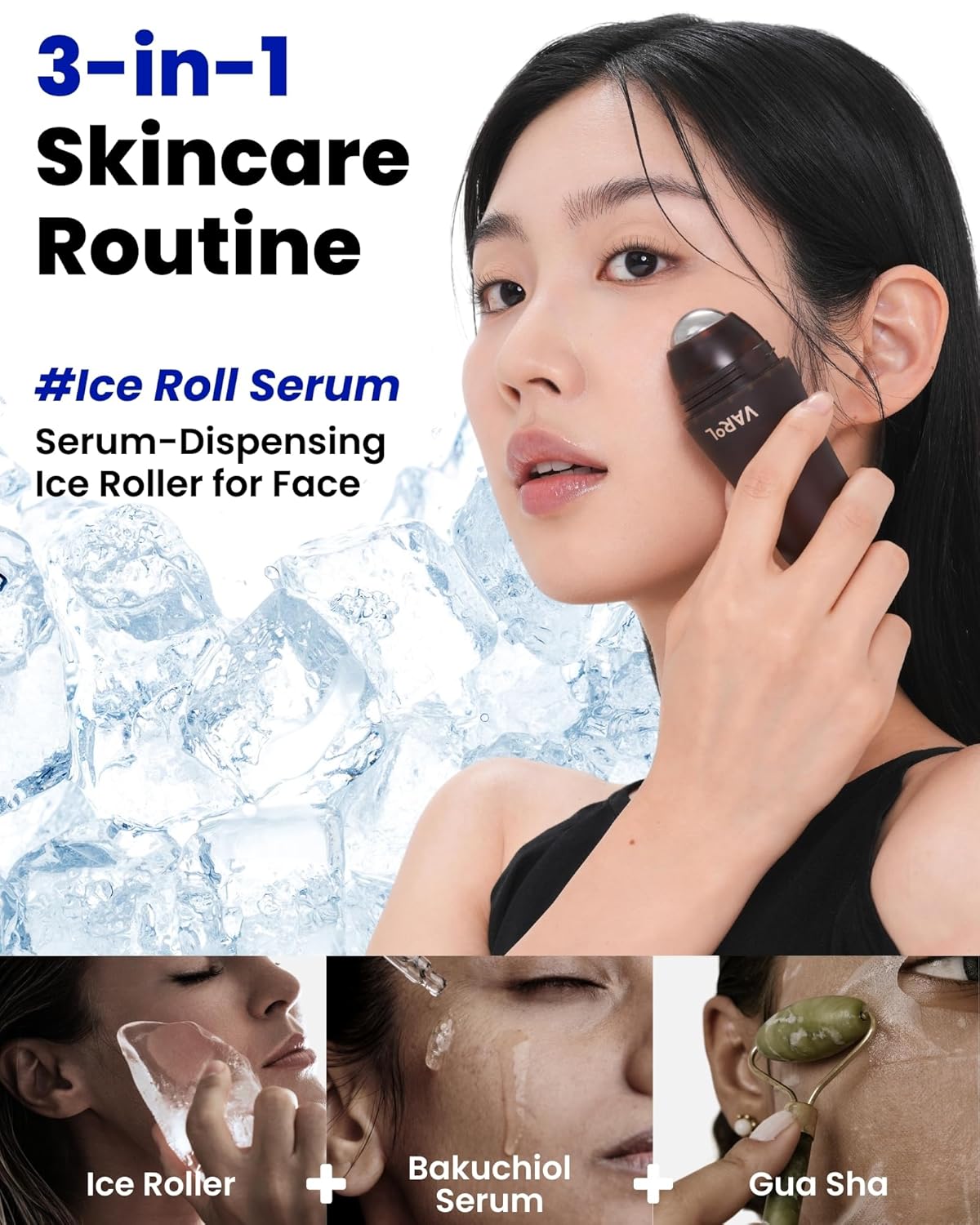Ice Roll Serum - Cooling Serum with Face Massager Roller for Under Eye Bags, Puffiness, Dark Circles, Bakuchiol & Collagen for Wrinkles, Anti Aging, Firming - Korean Skin Care, 1.69 Fl Oz (50ml)