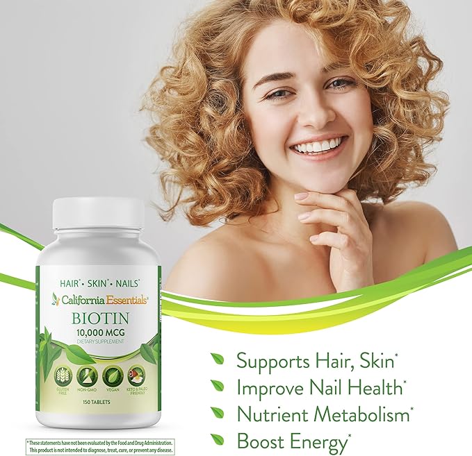 California Essentials Biotin 10000mcg – Hair Growth Vegetarian Vitamins B7 Supports Healthy Hair, Skin, and Nail Growth – Dietary Supplement for Men & Women of All Hair Types (150 Tablets)