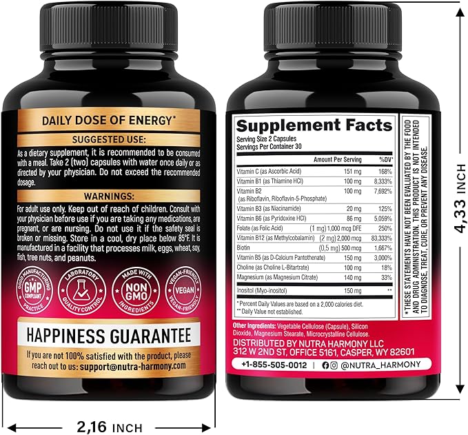 Vitamin B Complex for Men & Women - Made in USA - B-Complex: B1, B2, B3, B5, B6, B7, B8, B9, B12 with Vitamin C, Choline, Inositol - Energy, Brain & Heart Support Supplement, 60 Vegan Capsules