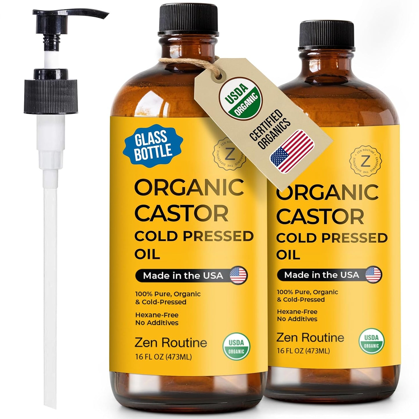 Zen Routine Organic Castor Oil (Glass Bottle - 16oz / 2-Pack) Hexane Free – Hair Growth Oil, Eye Lashes & Stomach, Pure 100% Cold Pressed Unrefined Castor Pack Wrap – USDA Certified, Made in the USA