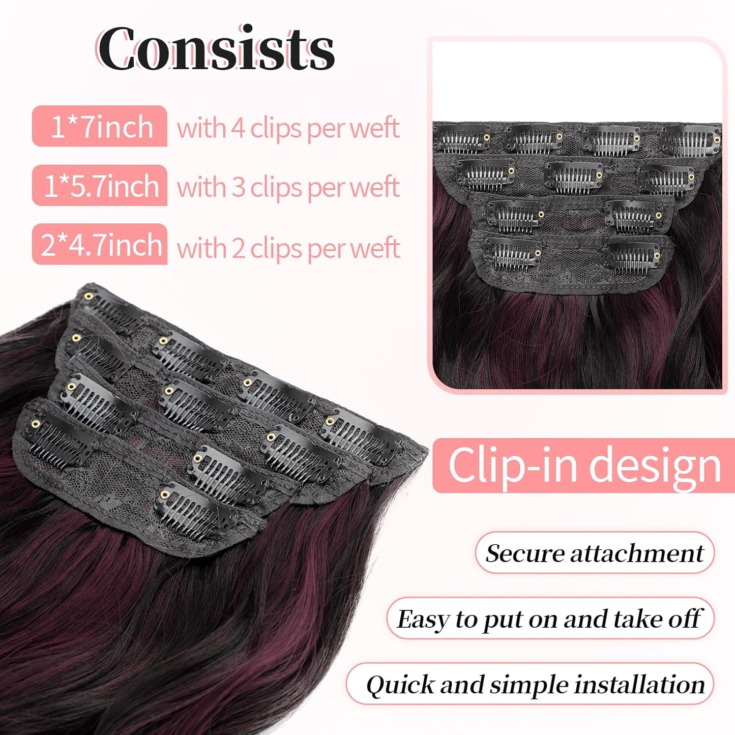 KooKaStyle Clip in Synthetic Hair Extensions Long Wavy 4PCS Thick Hairpieces Burgundy mix Dark Brown Fiber Double Weft Natural Hair Extensions 20 Inch for Women