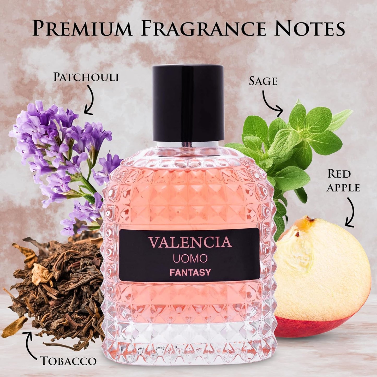 Valencia UOMO Fantasy Men EDP - Spicy & Woody Fragrance - Top Notes of Sweet Red Apple, Cardamom & Calabrian Bergamot - Base Scent of Warm Tobacco Leaf, Patchouli & Vetiver - Elegant 100ml Bottle