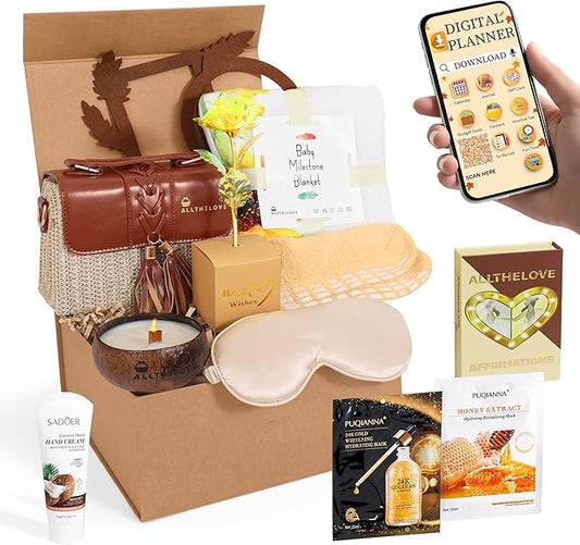 New Mom Care Package - Postpartum Gift Basket with Gold & Honey Masks, Affirmation Cards, Coco Butter Hand Cream & Digital Planner - Gifts for Pregnant Women, Baby Postpartum Kit