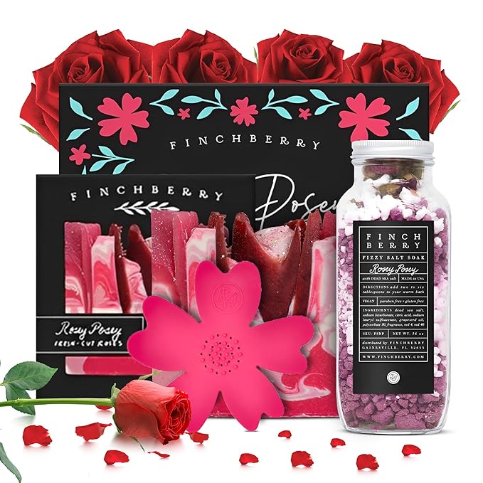 FinchBerry Rosey Posey Gift Set - Ideal Gifts Romantic Occasions, Anniversaries, Birthdays, Women’s Day, Housewarming, or Get Well Soon - Spa Gift Set With Handmade Soap, Fizzy Salt Soak & Soap Dish