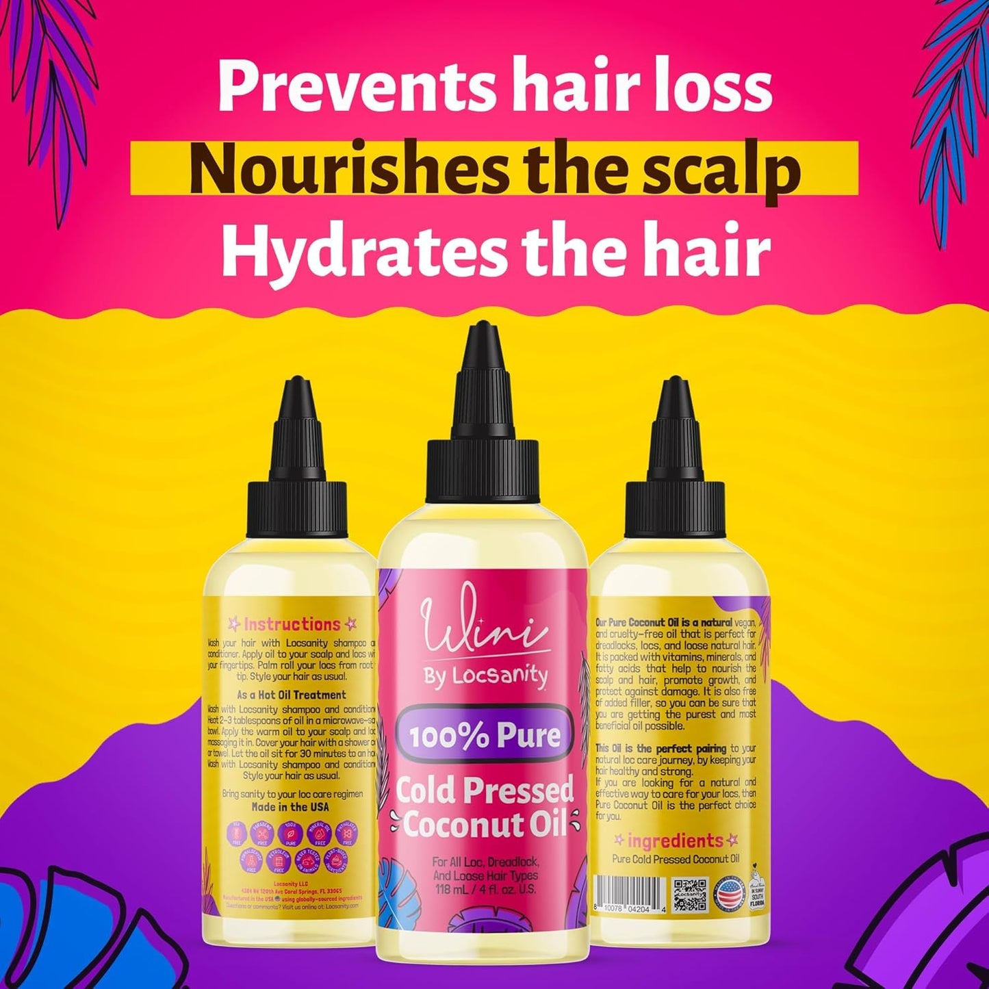 Locsanity Wini Pure 100% Cold Pressed Coconut Oil for Hair and Skin | Non-GMO | Unscented - 4 fl oz: Moisturizing Oil for Hair Care, Skin Hydration, Nail Care & Relaxing Massage