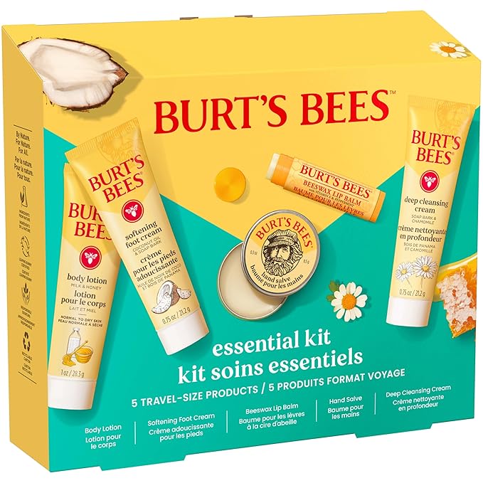 Burt's Bees Gift Ideas - Essentials Everyday Set, 5 Travel Size Products - Deep Cleansing Cream, Hand Salve, Body Lotion, Foot Cream and Original Lip Balm