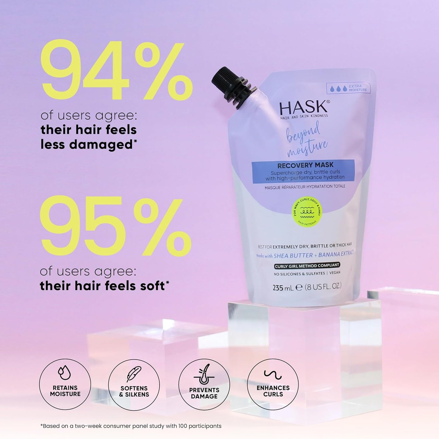 HASK Beyond Moisture Recovery Mask with Shea Butter & Banana Extract for Wavy, Curly, Coily & Kinky Hair, Softens, Moisturizes, Prevents Damage, Vegan, Sulfate-Free, Cruelty-Free – 8 fl oz