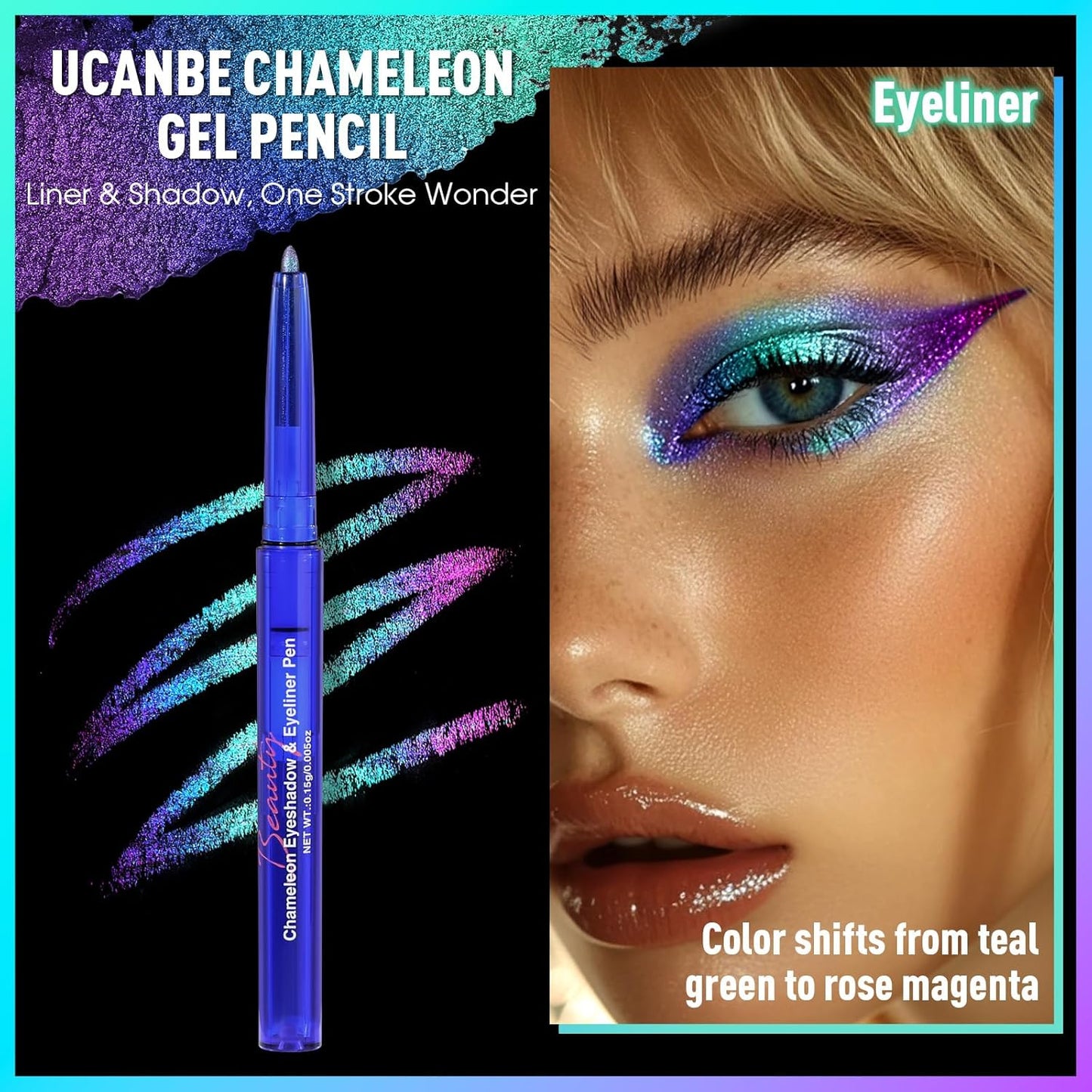 UCANBE Chameleon Eyeshadow & Eyeliner Gel Pencil-Multichrome Shifting Colors Metallic Glitter Eye Makeup,Waterproof Long-Lasting Smudge-Proof Multi-Dimensional Color (Teal Green to Rose Magenta)