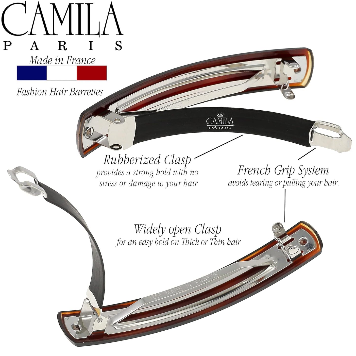 Camila Paris AD821 French Hair Barrette Clip for Girls, Tortoise Shell Strong Hold Grip, No Slip and Durable Cellulose Styling Girls Hair Accessories for Women, Automatic Clasp, Made in France