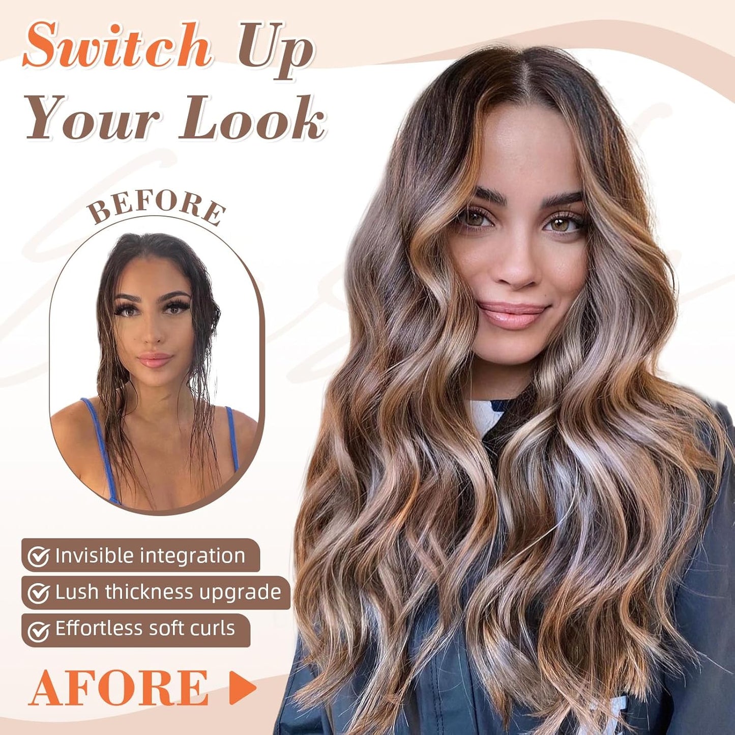 Clip in Long Wavy Synthetic Hair Extensions 16 Inch Black with Caramel Highlights 6PCS Thick Hairpieces Fiber Double Weft Hair for Women