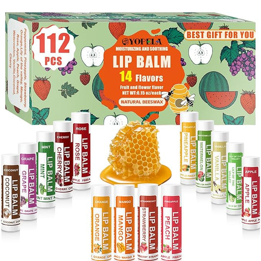 YOPELA 112 Pack Natural Lip Balm Bulk Lip Moisturizer with Vitamin E and Coconut Oil - Hydrating, Moisturizing, Soothing, and Repairing Dry and Chapped Lips Valentine's Gift - 14 Flavors - Non-GMO