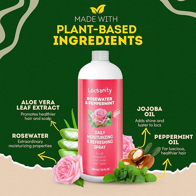 Locsanity Rosewater and Peppermint Daily Moisturizing Spray – Jumbo Size Hydrating Dreadlock Spray to Nourish The Scalp and Protect Hair from Oil and Buildup (32oz)