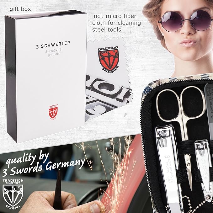3 Swords Germany - brand quality 8 piece manicure pedicure grooming kit set synthetic leather case chequered - Made in Germany