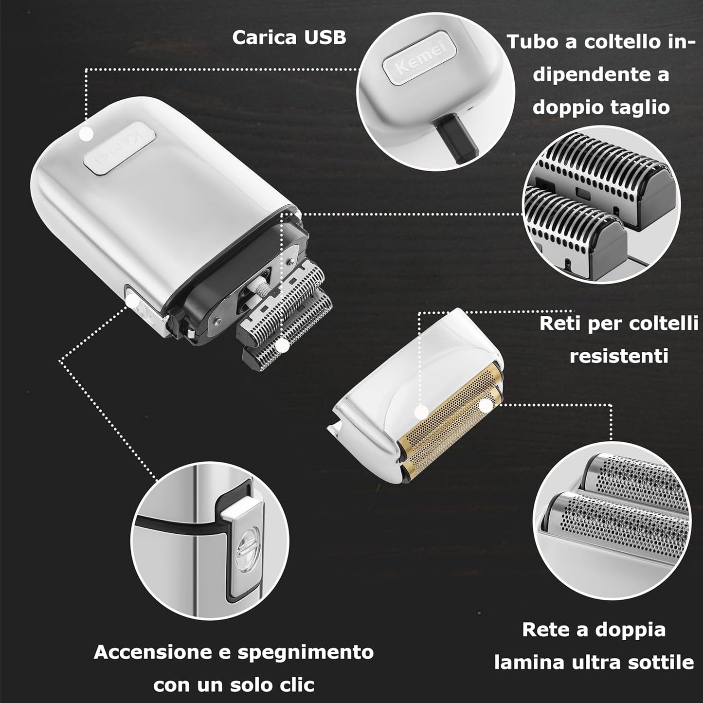 Kemei Cordless Metal Double Electric Shaver Razor for Men Close Electric Shavers, Type-C Rechargeable for Wet/Dry Shaving,KM-TX1 Silvery