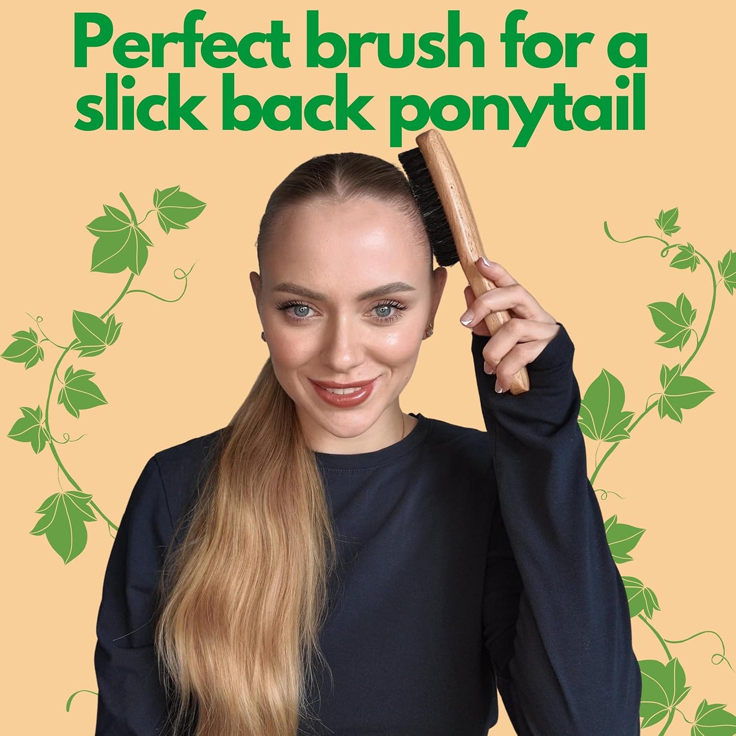 GranNaturals Boar Bristle Slick Back Hair Brush - Soft/Medium Smoothing Hairbrush to Style, Polish, & Lay Hair Down Flat to Create a Sleek Frizz Free Hairstyle for Women and Men - Wooden Handle