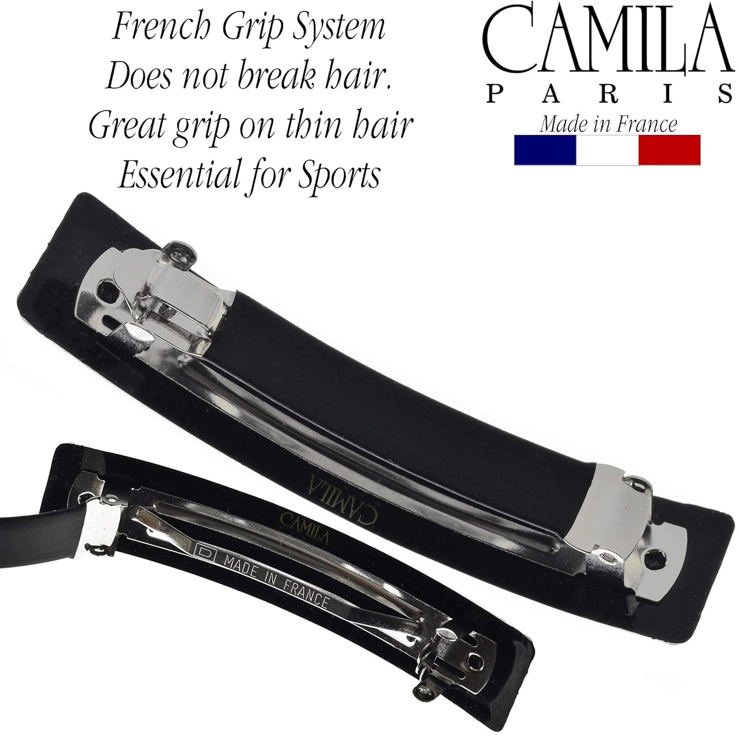 Camila Paris AD820 French Hair Barrette Clip for Girls, Black, Rubberized Metal Clasp, Strong Hold Grip Hair Clips for Women, No Slip and Durable Styling Girls Hair Accessories, Made in France