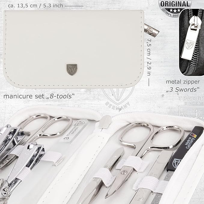 3 Swords Germany - brand quality 8 piece manicure pedicure grooming kit set synthetic leather case white - Made in Germany