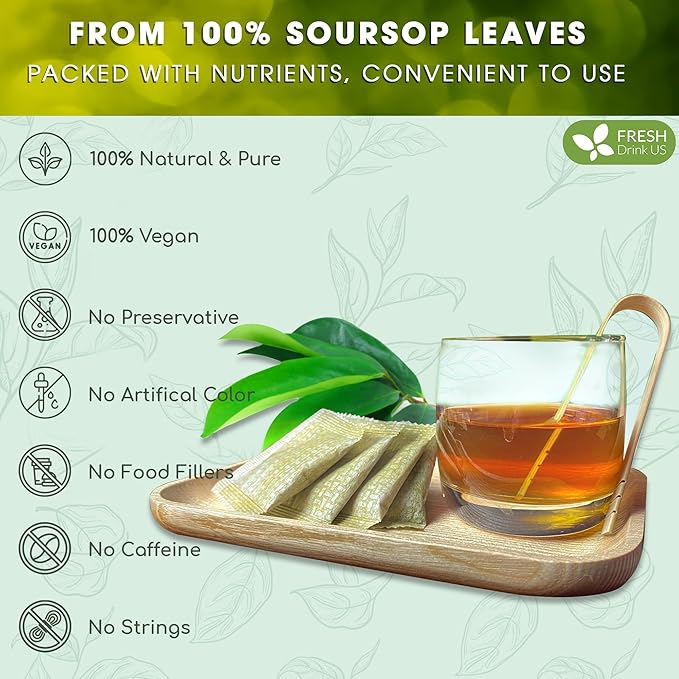 FreshDrinkUS, 105 Premium Soursop Graviola Leaf Tea Bags, The Finest Soursop Tea, 100% Natural and Pure, Handmade, Made With Natural Materials-Corn Fiber Tea Bag, Sugar/ Caffeine/ Gluten Free, Hoja Guanabana Tea